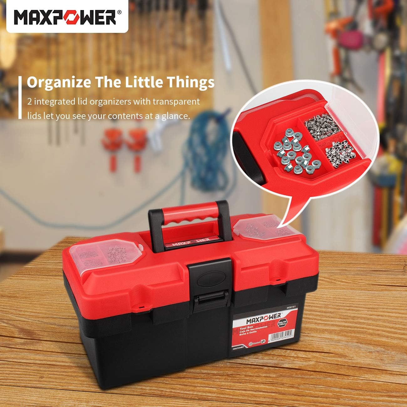 MAXPOWER Tool Box 14-inch Plastic Small Tool Boxes with Removable Tray with Dual Lock Secured, Red - - 