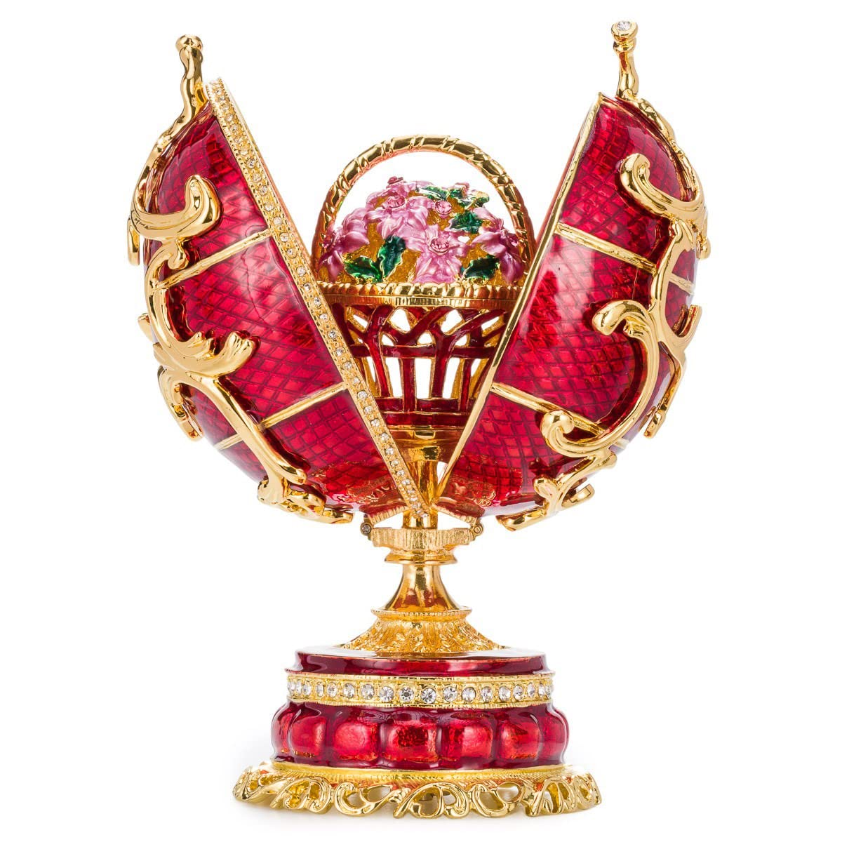 danila-souvenirs Glamorous Style Spring Flowers Easter Egg Music Box Trinket Jewel Box with Basket of Flowers 16,5 cm red