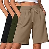 Locoowai 3 Pack Women's Bermuda Shorts Drawstring Casual Lounge Elastic Waist Athletic Yoga Running Shorts with Pockets