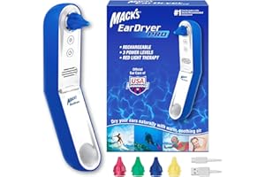 Mack's Ear Dryer PRO Rechargeable Warm Air Ear Water Drying Aid with Red Light Therapy and 3 Power Levels for Swimmers' Ears, Showering, Water Sports, Surfing, Scuba, and Hearing Aids