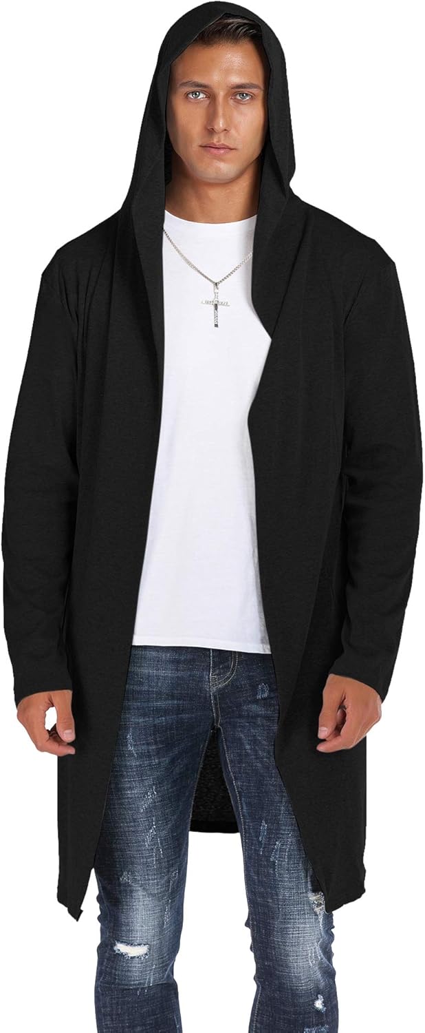 RAGEMALL Mens Long Cardigan Open Front Draped Lightweight Hooded Sweater with Pockets at  Men’s Clothing store