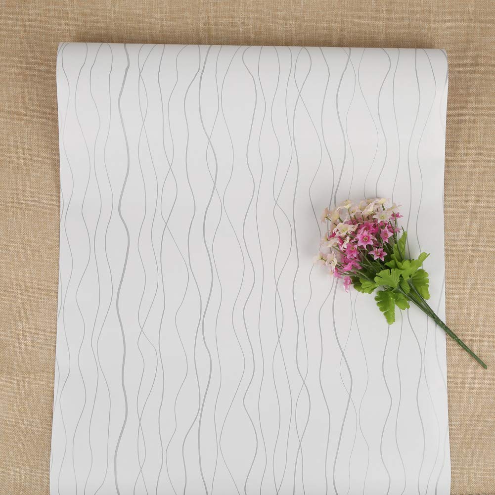 FENTIS White and Silver Stripe Wallpaper Self Adhesive Sticker Peel and Stick Contact Paper Waterproof and Oil-Proof Rolls for Wall Cabinet Bathroom Door 44x1000cm