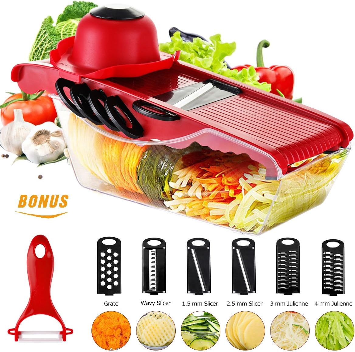 Mandoline Vegetable Slicer 6 Blades, Godmorn Veggies Food Fruits Cutter, Cheese Grater, Potato Julienne, Shredder, Peeler, Interchange Stainless Steel Blades with Storage Container