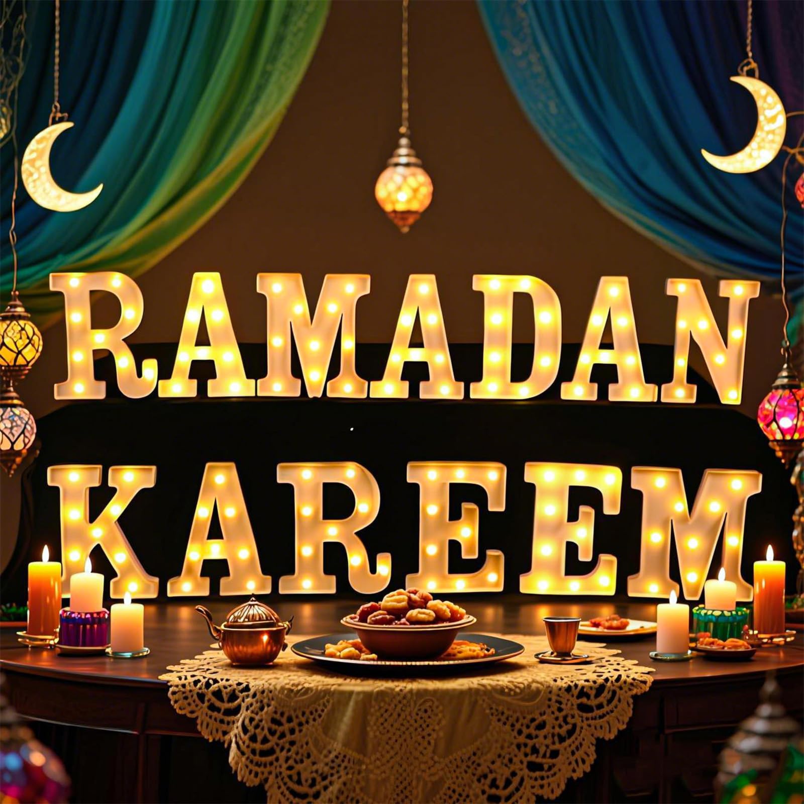 Photo 1 of Aurelema 13 Pcs Ramadan Kareem Large LED Letter Sign Ramadan Kareem Lights Battery Powered Table Decorations for Room Bedroom Home House Party Gift Tabletop Decorations