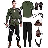 8 Pcs Men's Renaissance Costume Halloween Medieval Pirate Shirt Pant Viking Costume Accessories Set