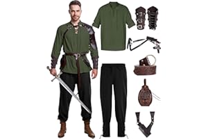 VANDERDYKEN 8 Pcs Men's Renaissance Costume Halloween Medieval Pirate Shirt Pant Viking Costume Accessories Set