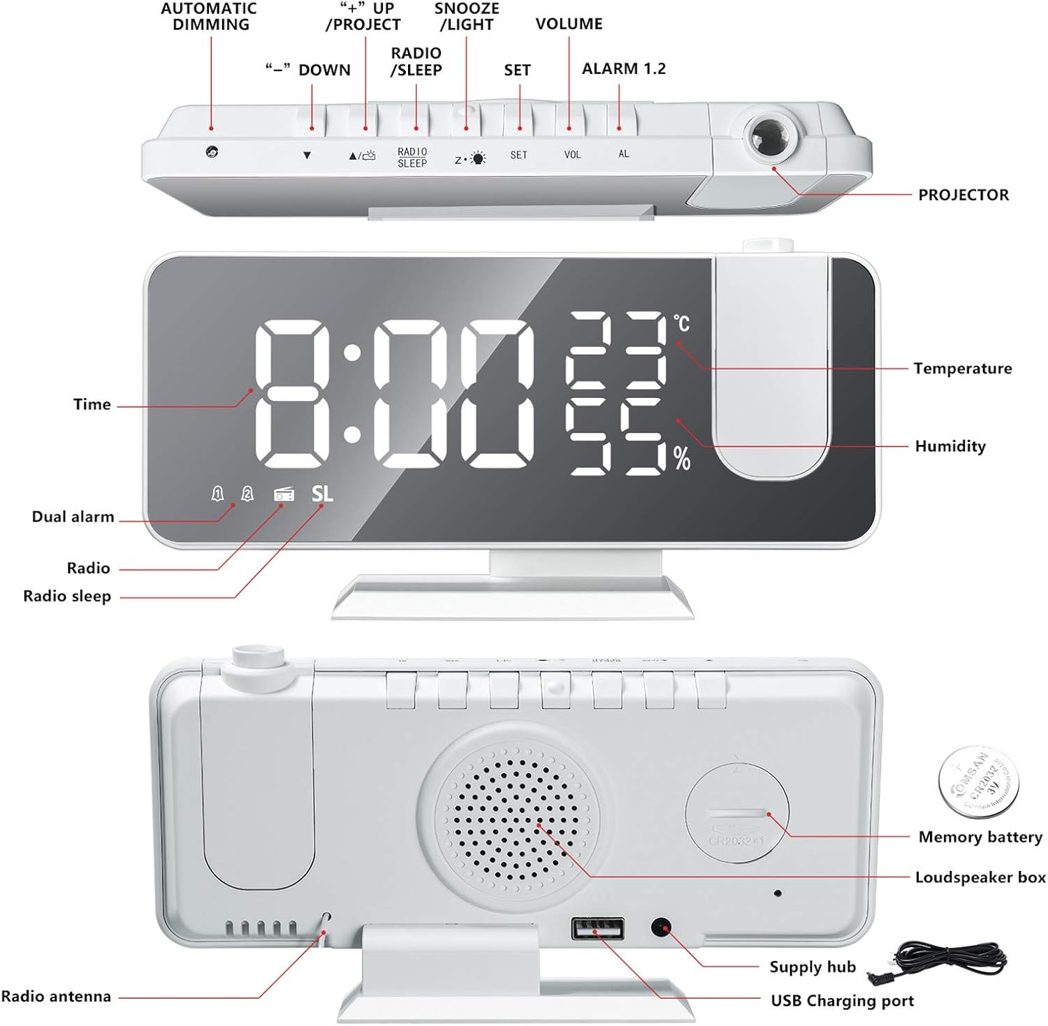 Sveglia Digitale Con Proiettore Multifunction Radiosveglia Fm Da Comodino  Specchio Sveglia Con 3 Livelli Luminosità \u0026 Misura Di Temperatura E Umidità  \u0026 Proiezione Regolabile 180° \u0026 Cavo USB B Radiosveglie Radio e
