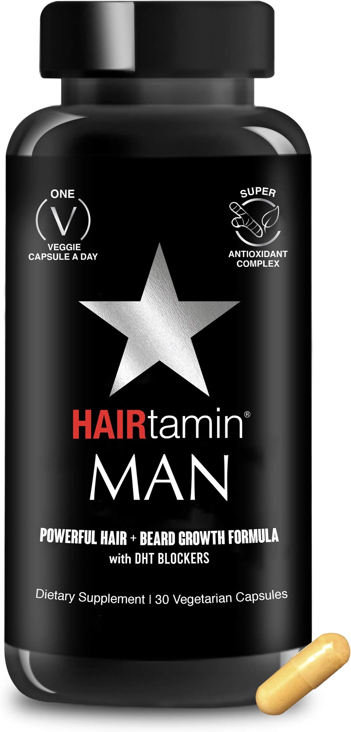 Hairtamin Man Hair Growth Vitamins - Best Fast Hair Growth for Men, Biotin Supplement for Thicker, Stronger, Fuller, Healthier Hair and Beard - Mens Natural, Daily Multi-Vitamin Formula (30 Capsules)