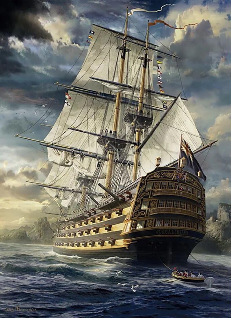 21secret 5D Diamond DIY Painting Full Round Drill Handmade Carrack Ship Saling Boat in The Sea Cross Stitch Home Decor Embroidery Kit