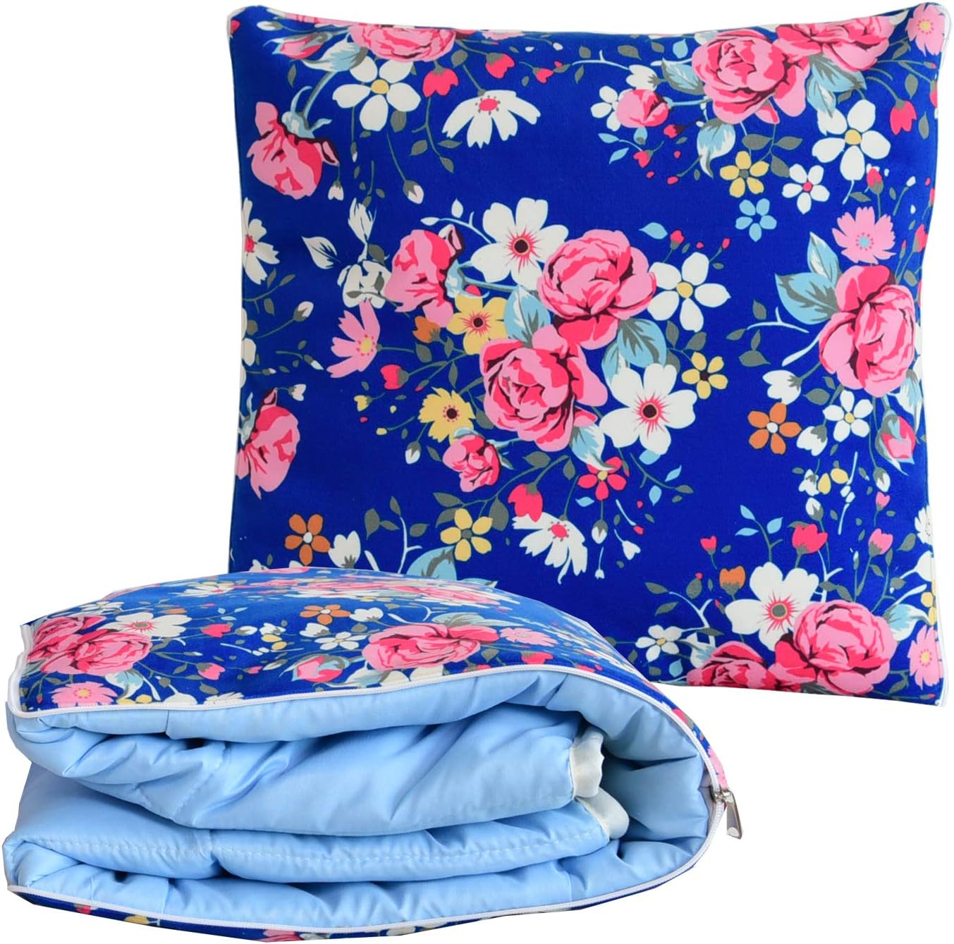 BlueHills Decorative Soft Cozy Couch Pillow Blanket Throw Quilt for Home Airplane Car Travel Movies Kids Beach Camping Blanket 63x43 inches Pillow 16X16 inches in one Home Décor-Roses Navy-A006