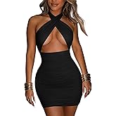 Women's Sexy Ruched Bodycon Halter Criss Cross Cut Out Backless Mini Club Party Dresses