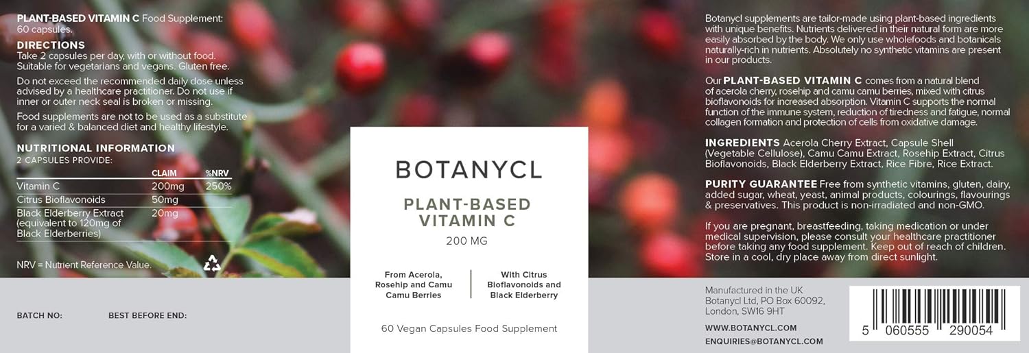 Botanycl Vegan Vitamin C with Bioflavonoids, As Seen on Dragons' Den, 200mg Plant-Based Formula, 60 Capsules, 1 Month Supply - Image 3