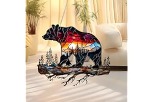 1PC Bear on Branch Acrylic Suncatcher Hanging, 7.08 inch Window Decor with Printed Stained Glass Style Design, Rainbow Maker 