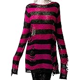 Vinsekep Women's See Through Hole Ripped Striped Long Knit Pullover Dress Sweaters Shirt