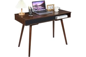 IDEALHOUSE Computer Desk with Drawer & Open Storage, Wood Home Office Desk with Diamond Pattern Front, Mid-Century Modern Mul