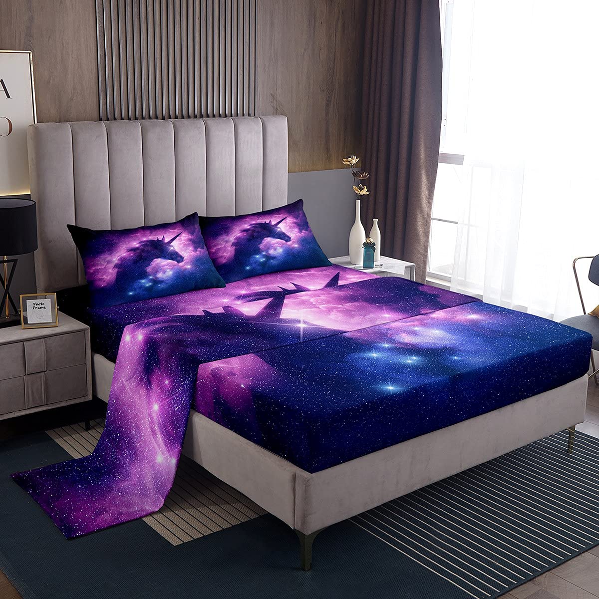 Loussiesd Galaxy Unicorn Bed Sheet Double Size Out Space Bedding Purple Blue 100% Microfiber Deep Pockets Sheet Set 4 Pcs - 1 Falt& 1 Fitted Sheets with 2 Pillow Shams — image 1