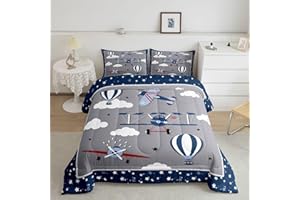 CASTLE FAIRY Kids Cartoon Airplane Bedding Set Full Size Navy Stripes Hot Air Balloon Aircraft Comforter Set 3Pcs Boys Teens Room Decor Cloud Starry Moon Quilt Set Chic Grey Duvet Insert,2 Pillowcases