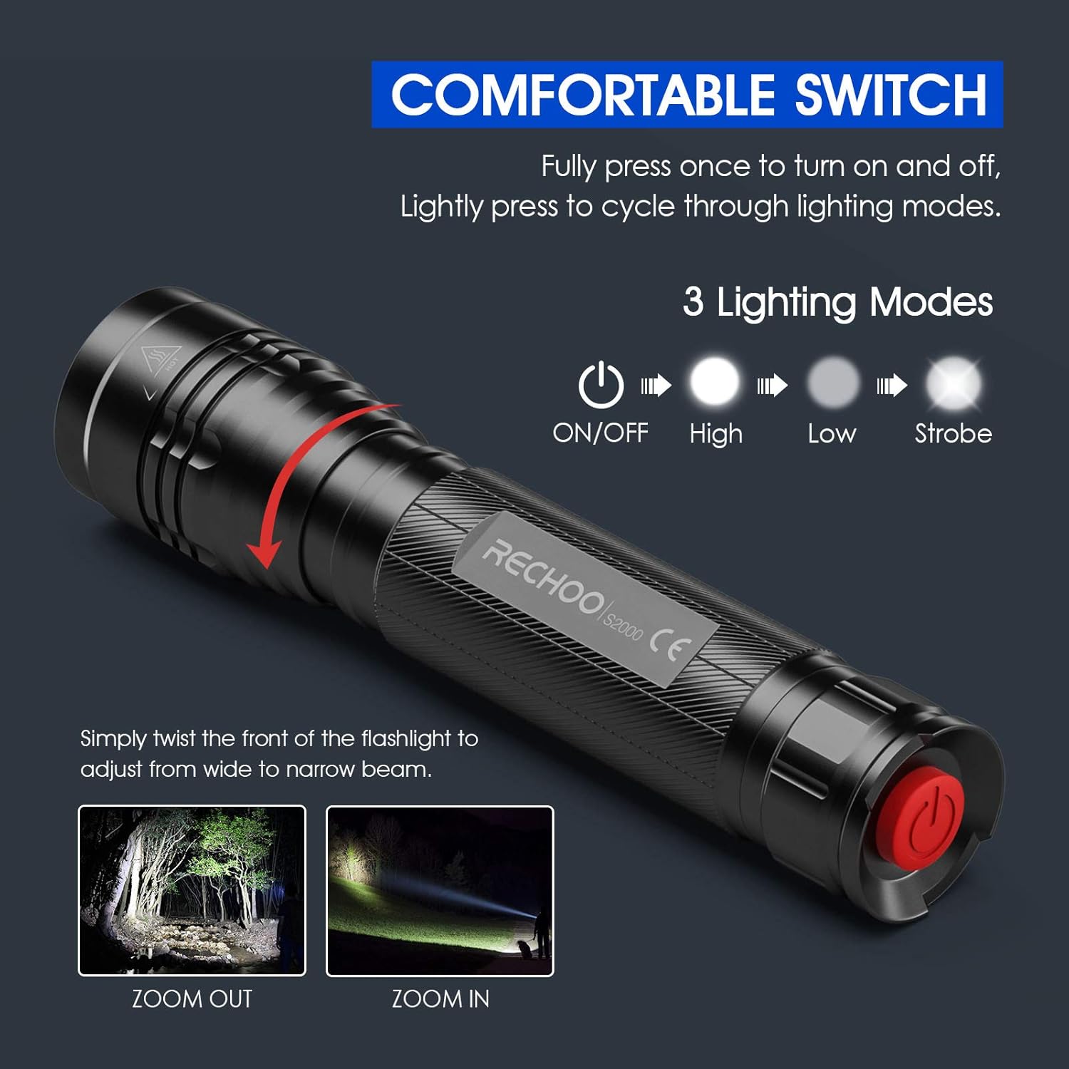High-Powered LED Flashlight S2000, RECHOO Upgraded Powerful 2000 High Lumens Flashlights with 3 Modes, Zoomable, Water Resistant Flash Light for Camping, Outdoor, Emergency, Hiking - - 