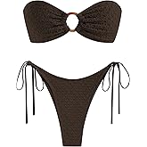 ZAFUL Women's Bandeau Bikini Strapless O Ring Lace Tie Back High Cut Two Piece Swimsuit Bathing Suits