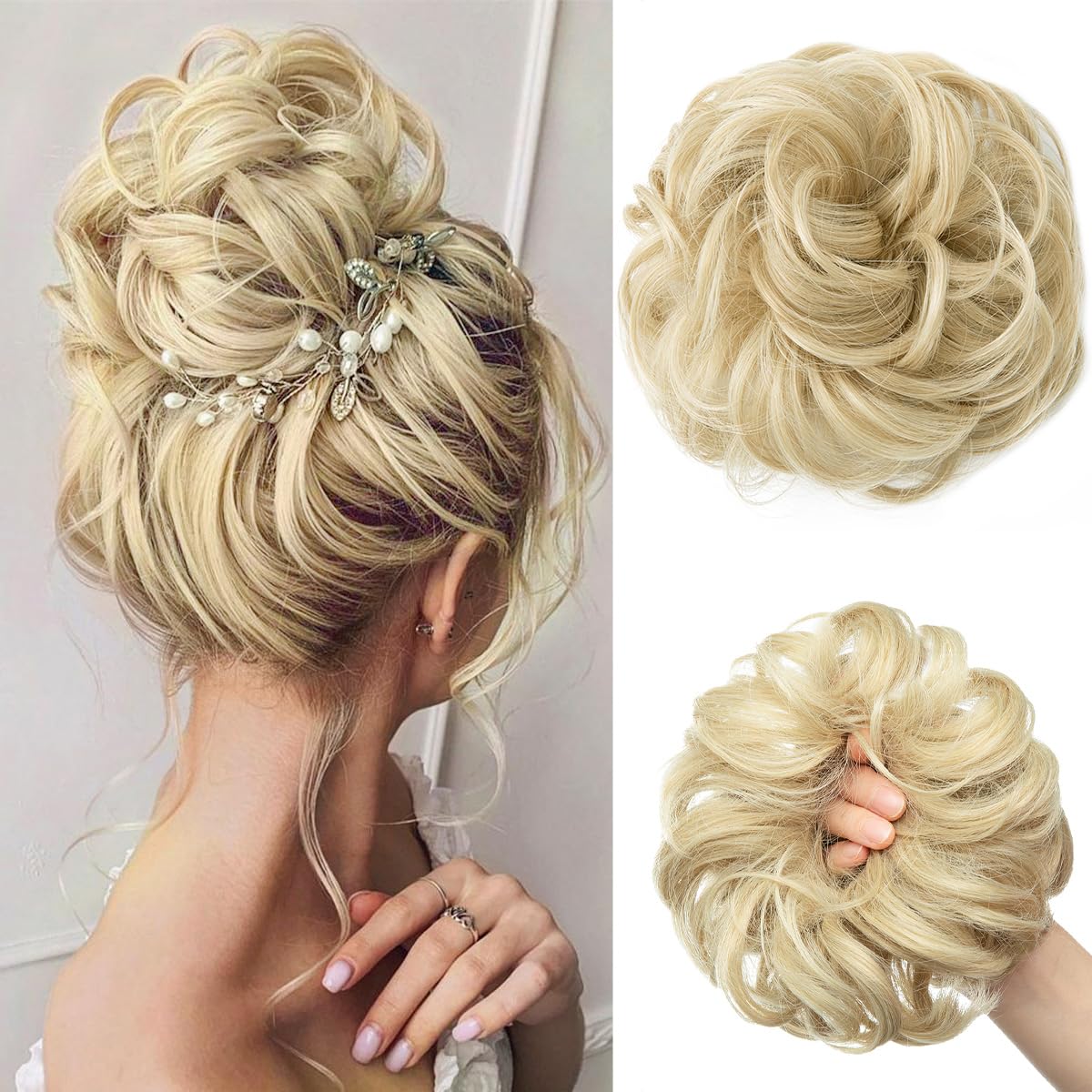 SARLA Messy Bun Hair Piece for Womens Synthetic Scrunchies Buns Extension Hairpieces Updo Pony Tail Ash Blonde