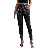 heipeiwa Women's Rhinestone Jeans Skinny Denim Pants High Waist Sparkle Shiny Sequin Raw Hem Distressed Jean