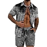 ZSJR Mens Tracksuit Diamond Velvet Shirts and Shorts Set Fashion Casual 2 Piece Outfits for Men