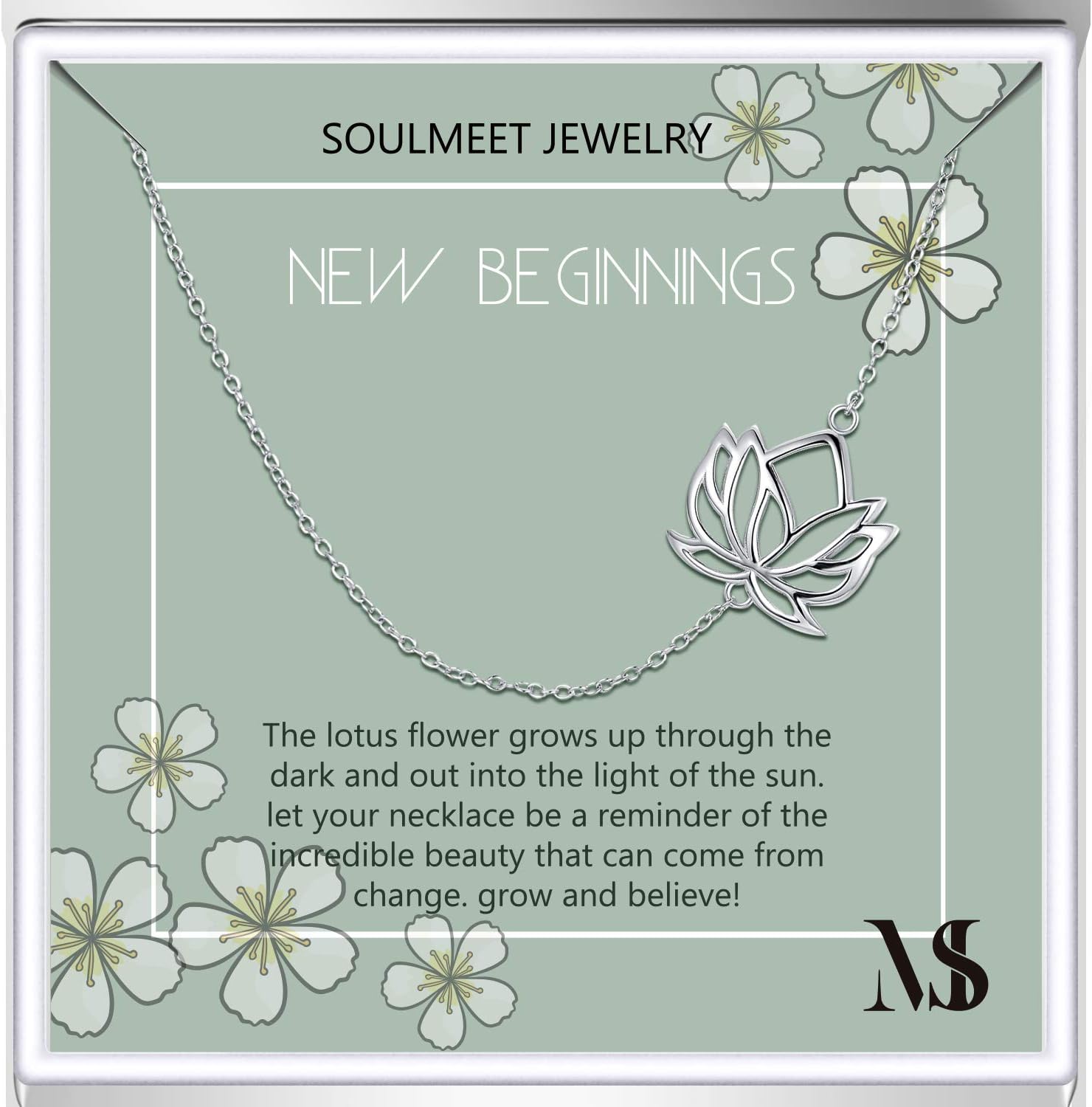 SOULMEET Sterling Silver Yoga Lotus Flower Necklace for Women Girls with Inspirational Quote on Gift Card, Happy Birthday Gifts for Mom Daughter