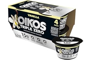 Oikos Triple Zero Vanilla Nonfat Greek Yogurt Pack, 0% Fat, 0g Added Sugar and 0 Artificial Sweeteners, Just Delicious High Protein Yogurt, 4 Ct, 5.3 OZ Cups