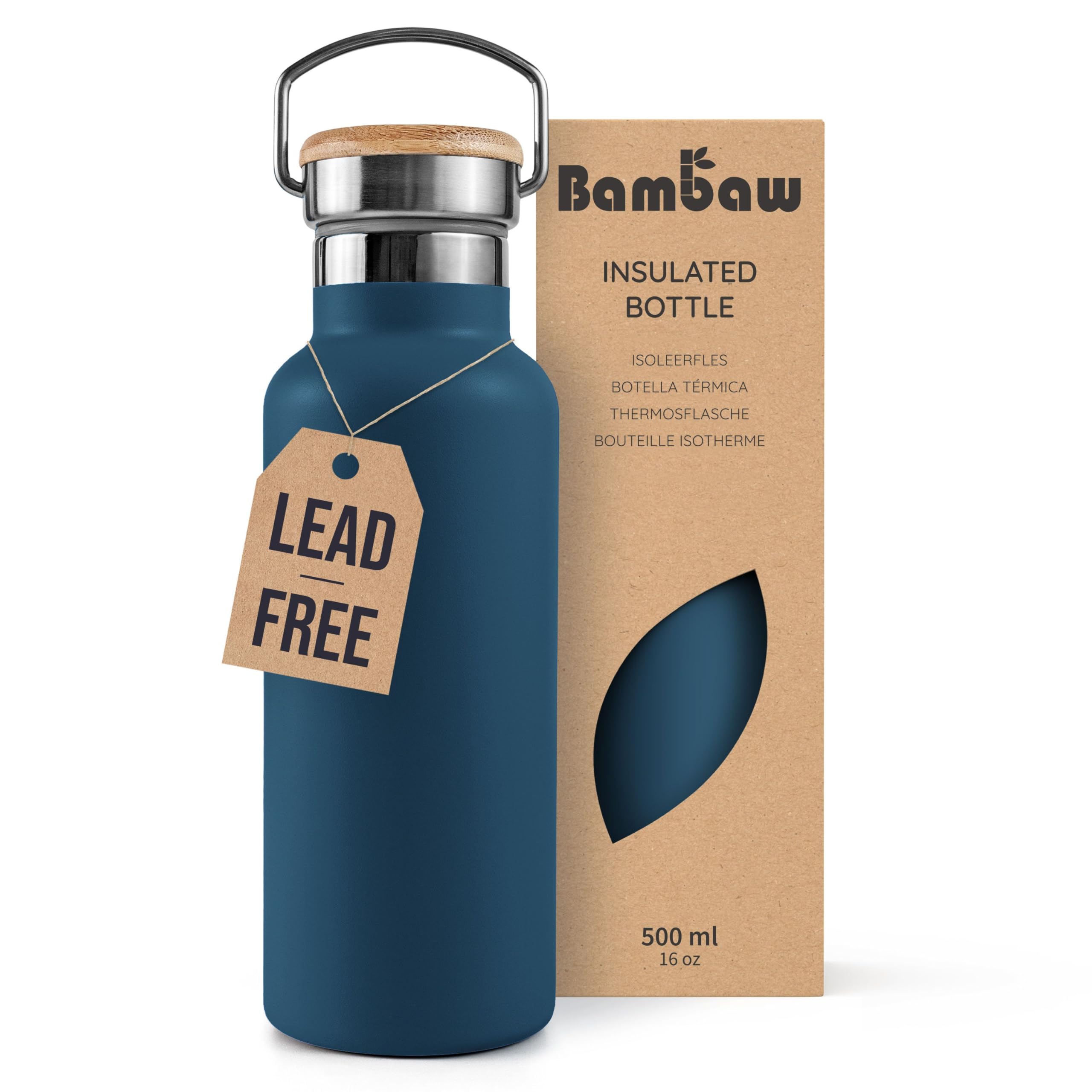 Bambaw Insulated Stainless Steel Bottle 500ml, Wide Mouth Water Bottle 500ml, for Hot & Cold Drinks, Rust Resistant & Sleek, Reusable & Easy to Clean (Aegean Blue)