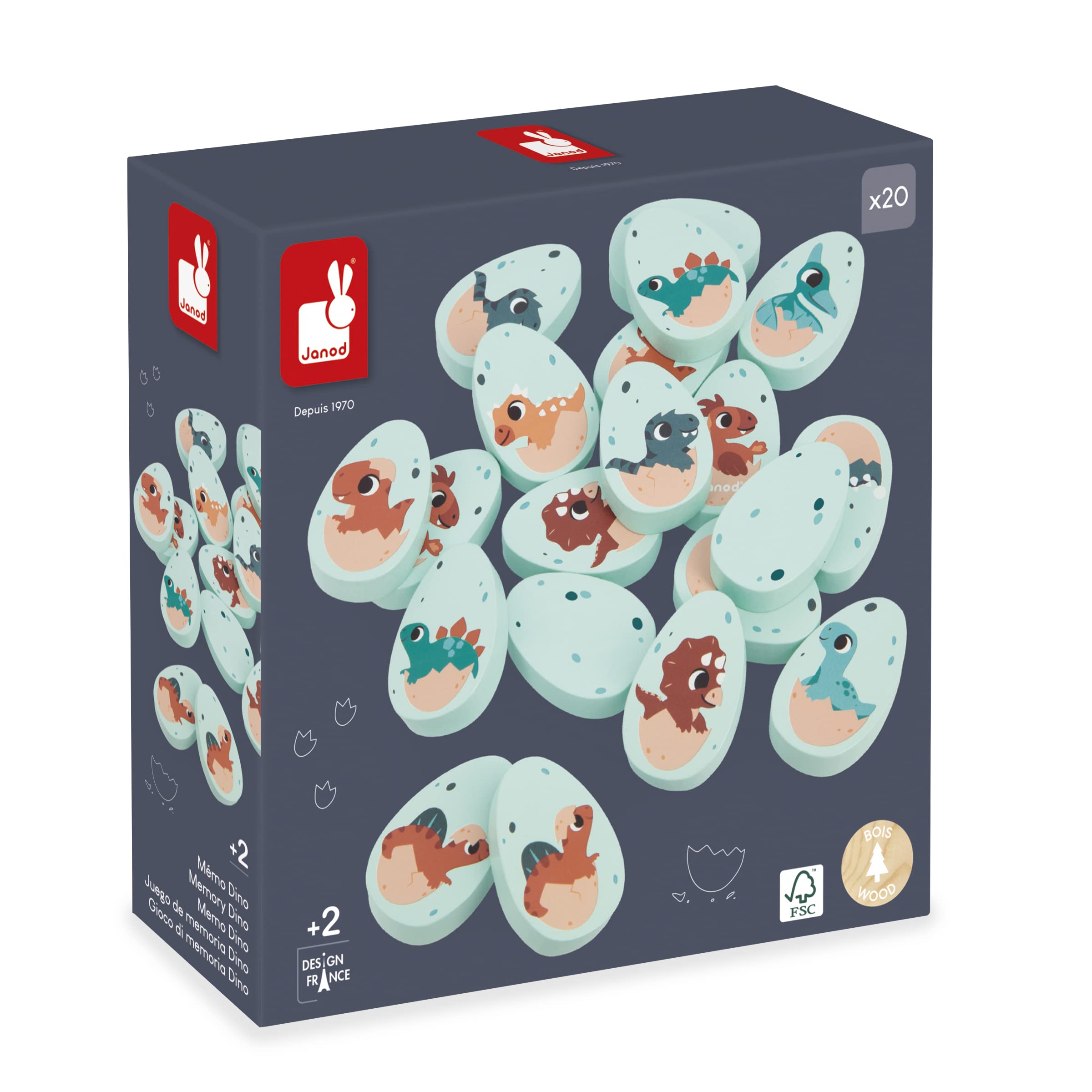 Janod - Dinosaur Memo Game - 20 Dinosaur Egg-Shaped Wooden Pieces - 10 Pairs of Baby Dinosaurs - Children’s Memo Game - 24 Months +, J05826