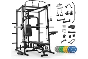 Mikolo All-in-One Smith Machine Home Gym, 2000LBS Power Cage with Cable Crossover System, Integrated Squat Rack with Weight Bar for Full-Body Training—LAT Pulldown, T-Bar Row, Triceps, Chest Fly
