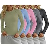 Locoowai 5 Pack Womens Compression Shirts Long Sleeve Crew Neck Undershirts Stretchy Workout Tops for Athletic Running Yoga