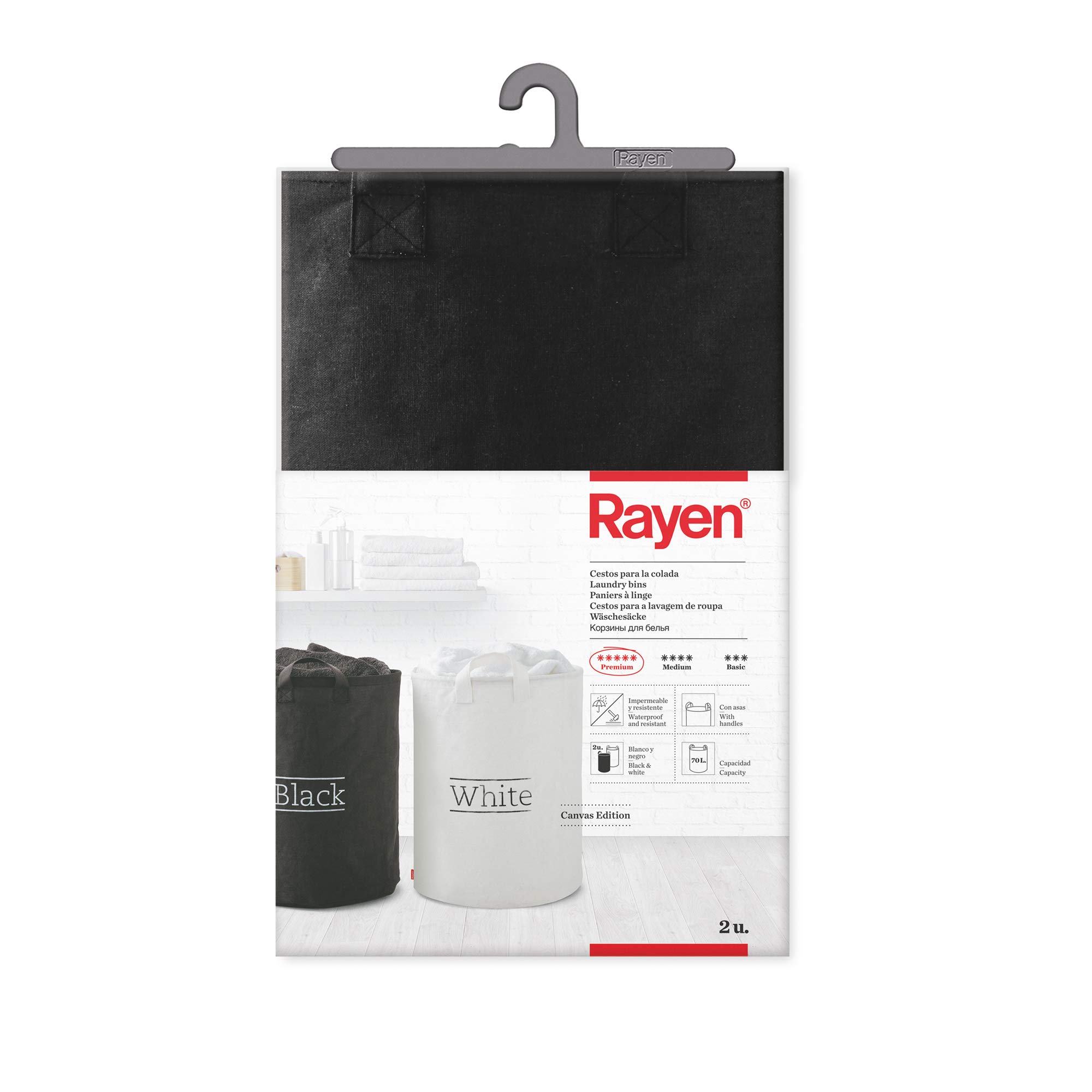 Rayen | Laundry Baskets | Waterproof and Heavy Duty | With Handles | 70 L Capacity | Black and White | Pack of 2 | Dimensions: 55 x 40 cm
