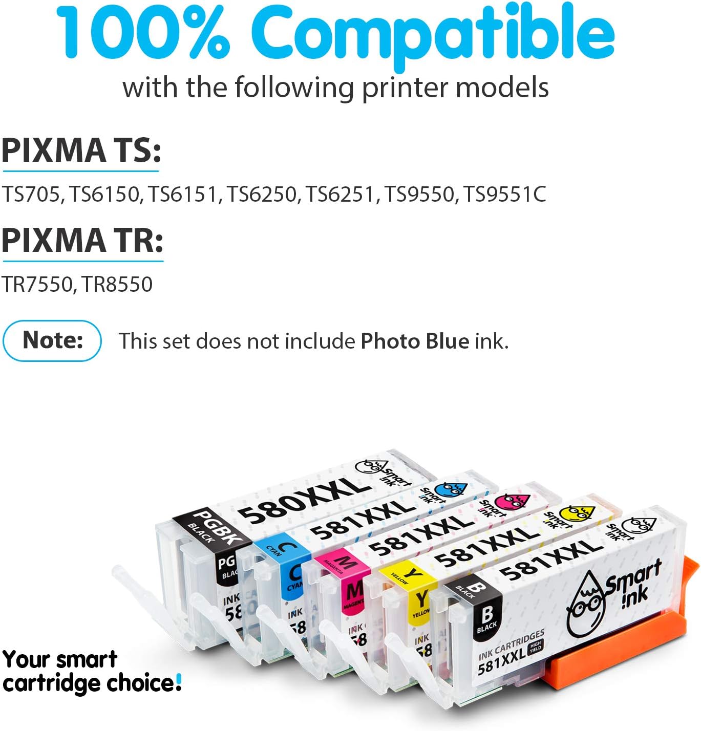 Smart Ink Compatible Ink Cartridge Replacement for Canon PGI 580 XXL CLI 581 High Yield 5 Pack Combo to use with Canon Pixma TS705 TS6151 TS6251 TS9550 TS9551C TR7550 TS6150 (PGBK & B/C/M/Y) - Image 3