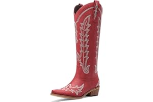 Rivalran Cowboy Boots for Women - Knee High Embroidered Western Cowgirl Boots, Pointed Toe Chunky Heel Retro Country Boots, Pull On Zipper Vintage Fashion Tall Boots for Girls Ladies