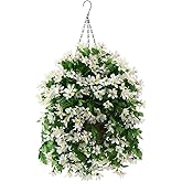 INQCMY Artificial Hanging Flowers in Basket for Patio Garden Decoration,Faux Silk Violet in Planter UV Resistant Realistic for Outside Home Porch Balcony Yard Decor(White)