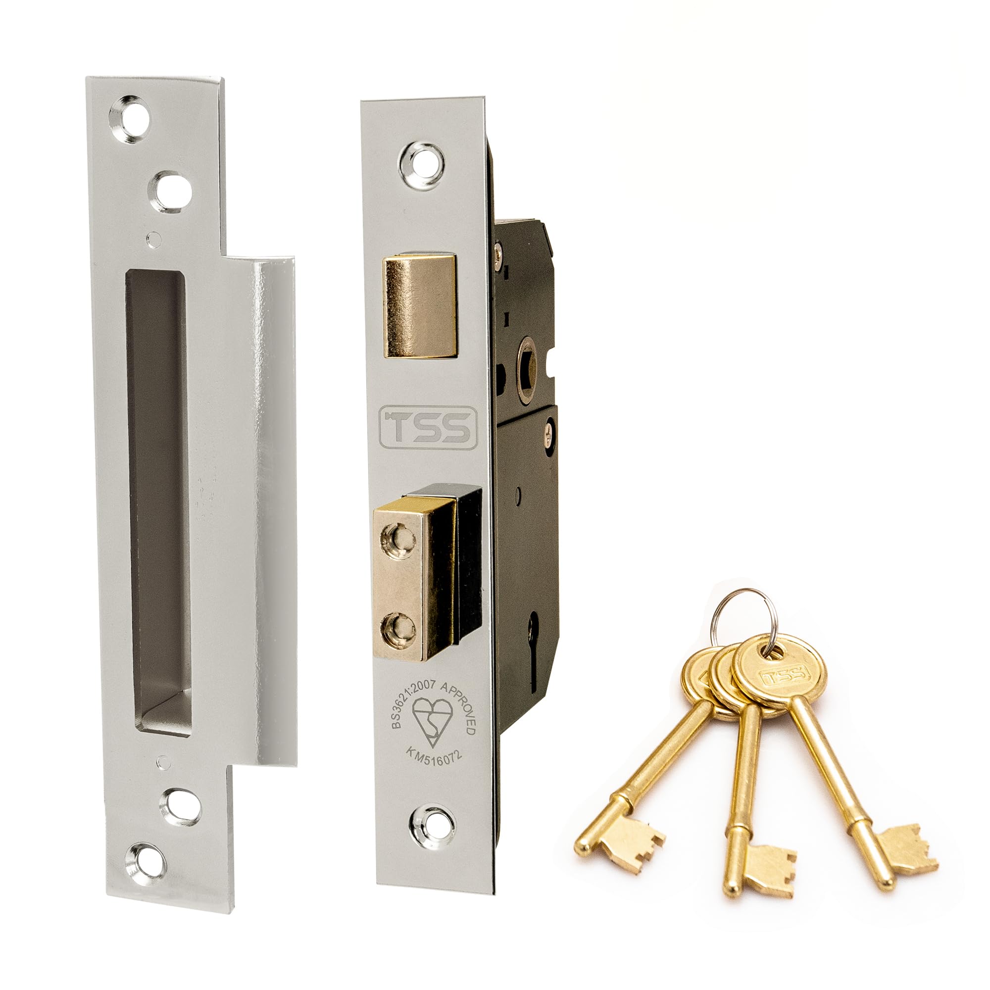TSS High Security 5 Lever British Standard Mortice Sashlock with 3 Keys and Fixings, 2.5" (68mm) Polished Chrome, Insurance Approved for External Doors, British Standard BS3621:2007
