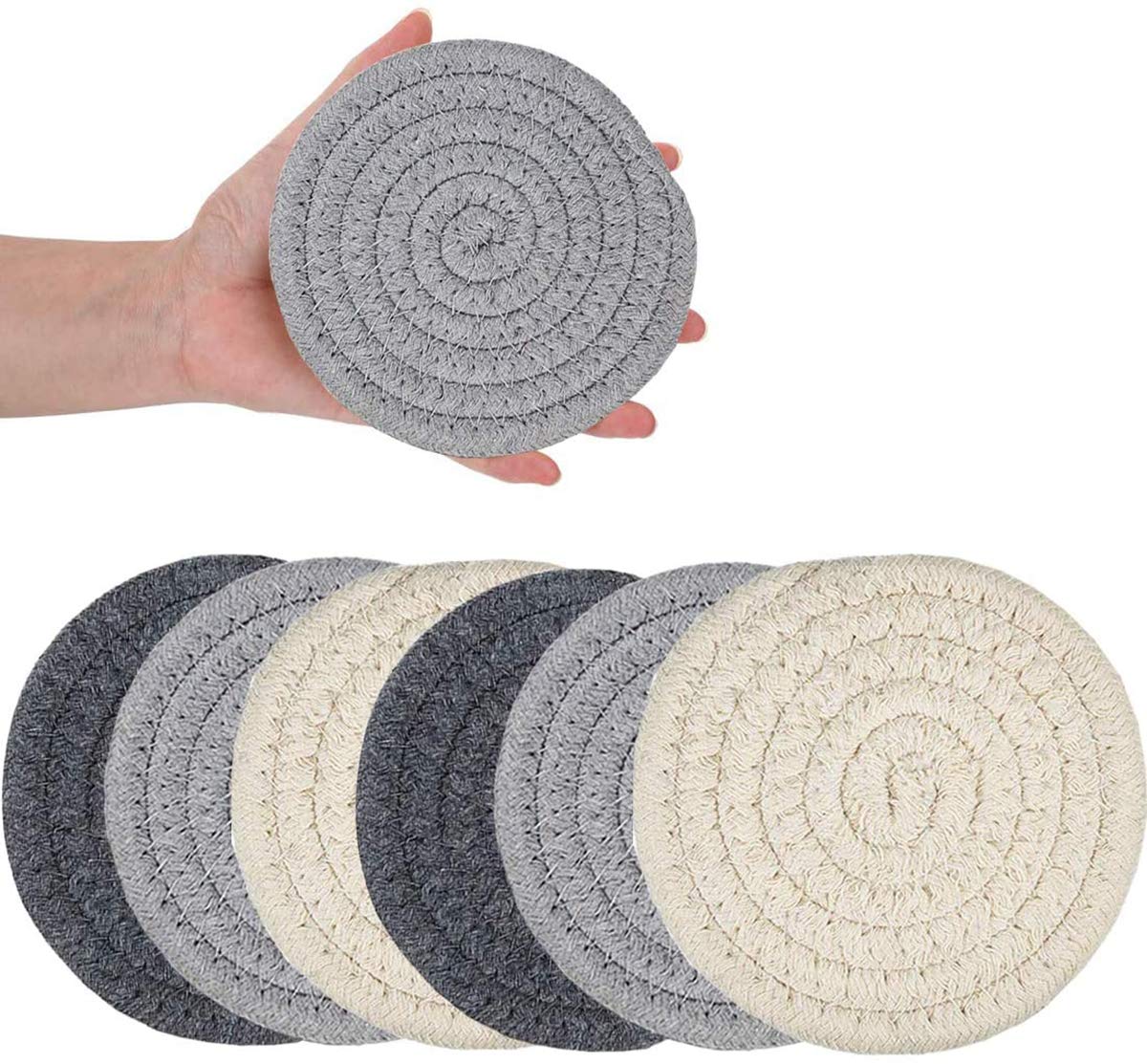 DELFINO Potholders Set, 100% Pure Cotton Thread Weave Hot Pot Holders Set (Set of 6) Stylish Coasters, Great Housewarming Gift, Hot Pads, Spoon Rest For Cooking and Baking by Diameter (Gray)