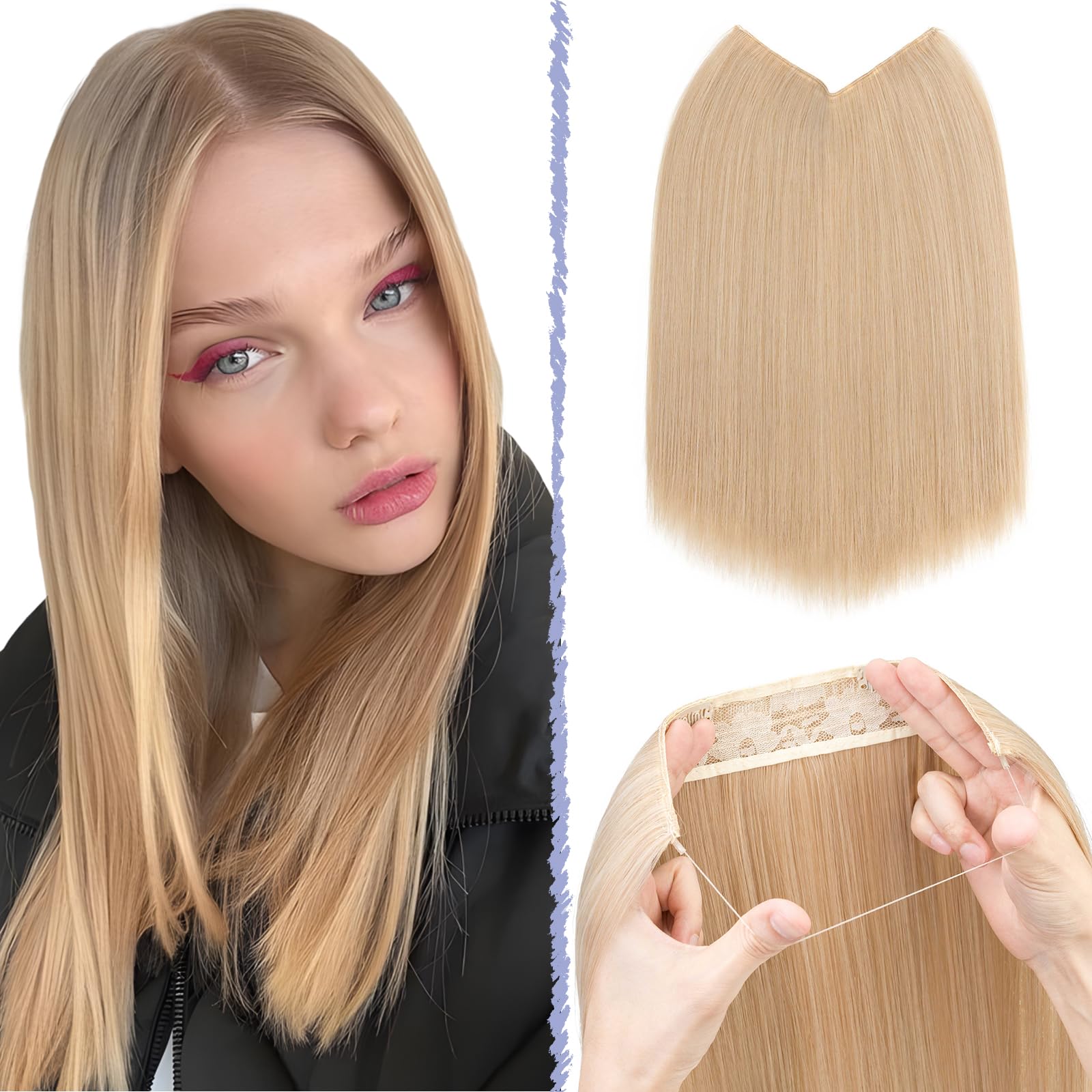 TESS Secret Wire Hair Extension Invisible One Piece Synthetic Hair Extensions Straight Full Thick Long Adjustable Hairpieces for Women (Ash Blonde Mixeded Pale Blonde, 20 Inch) — image 1