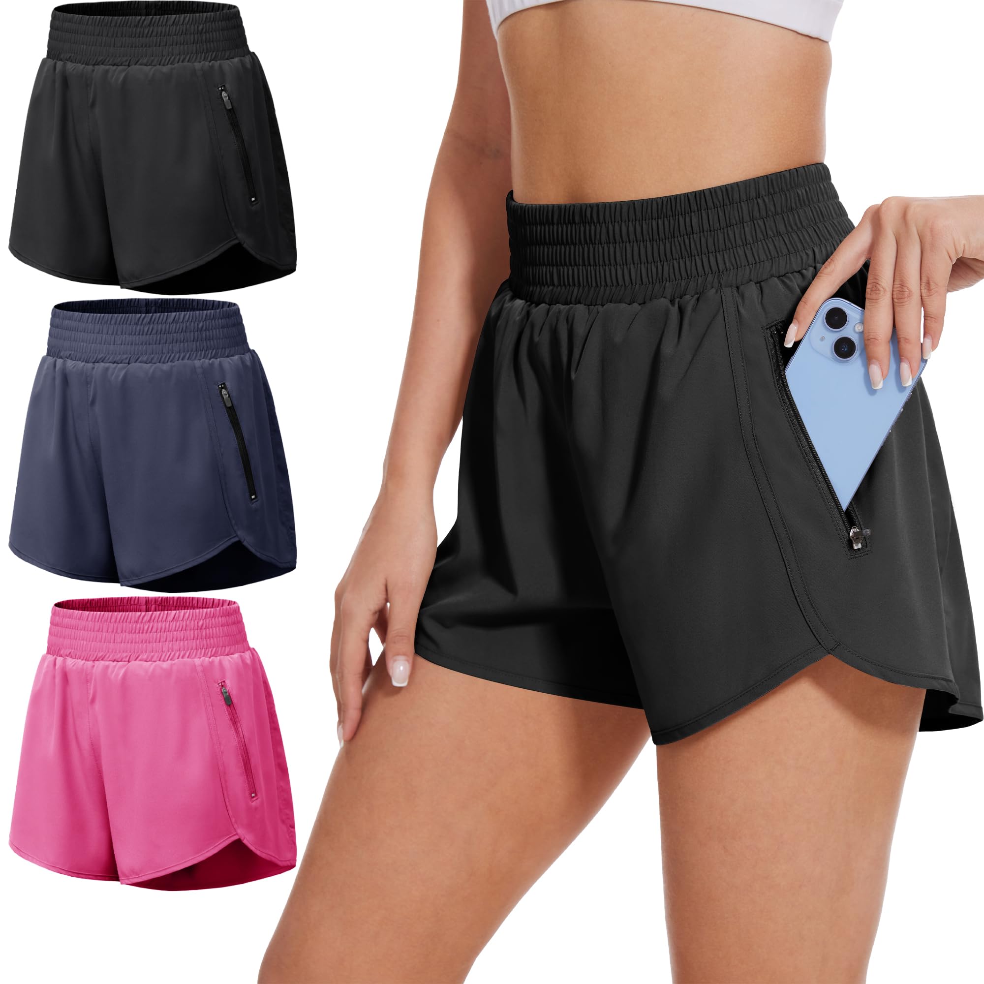 BALENNZ Women's 3 Pack Athletic Workout Shorts with Zipper Pockets Activewear Elastic Waist Gym Running Shorts,Large Image