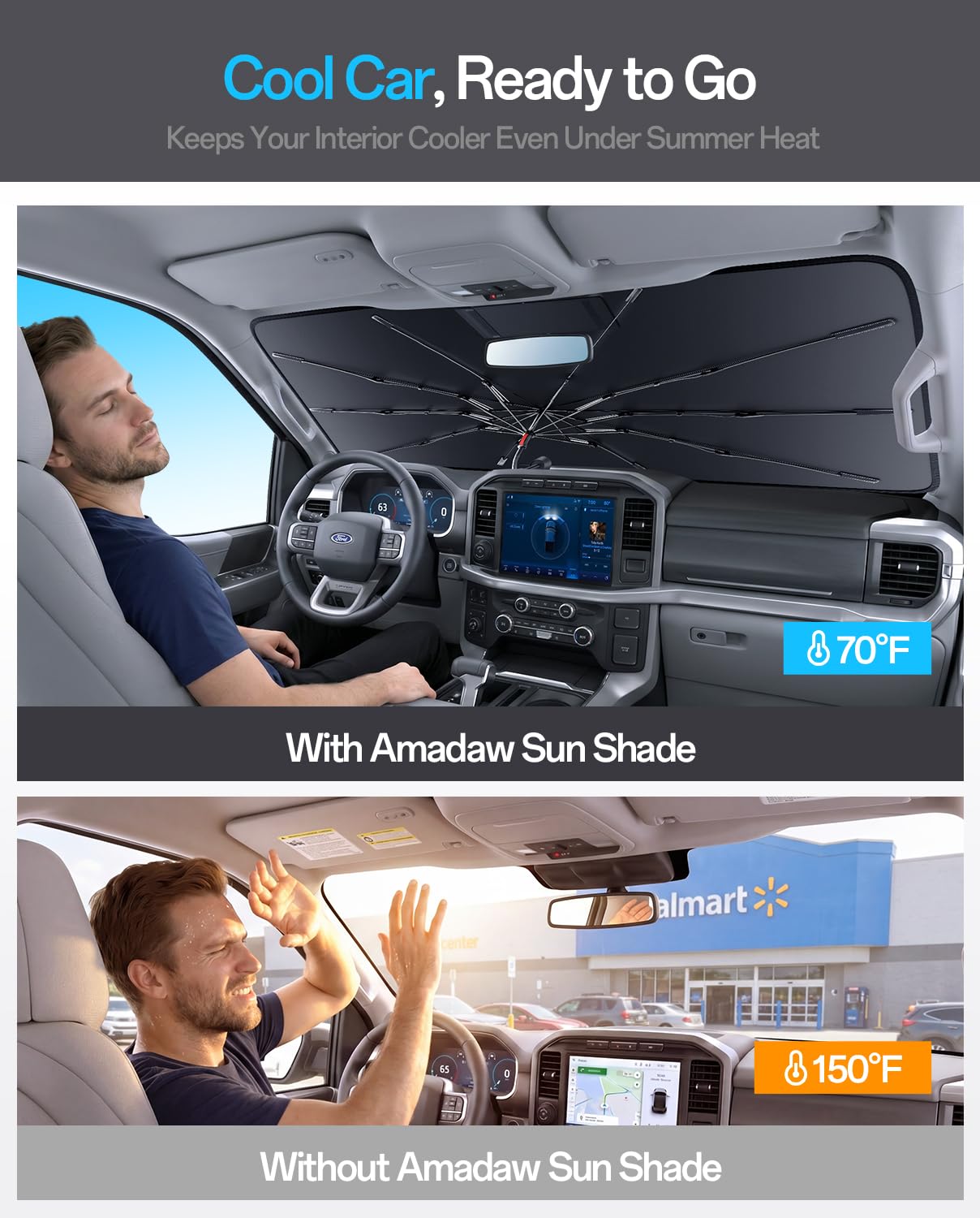 Condition photo showing New/Like New for amadaw truck windshield sun shade for ford f150 2015–2026, foldable umbrella sunshade with 100% uv b
