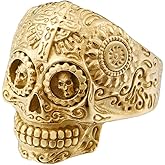 INRENG Men's Stainless Steel Silver Gold Gothic Cross Skull Ring Green Eye Vintage Flower Carved Halloween
