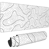 Abstract Topographic Map White Grey Black Gaming Mouse Pad Long Mouse Pad Large Desk Mat 31.5 X 11.8 Inch MousePad with Non-S