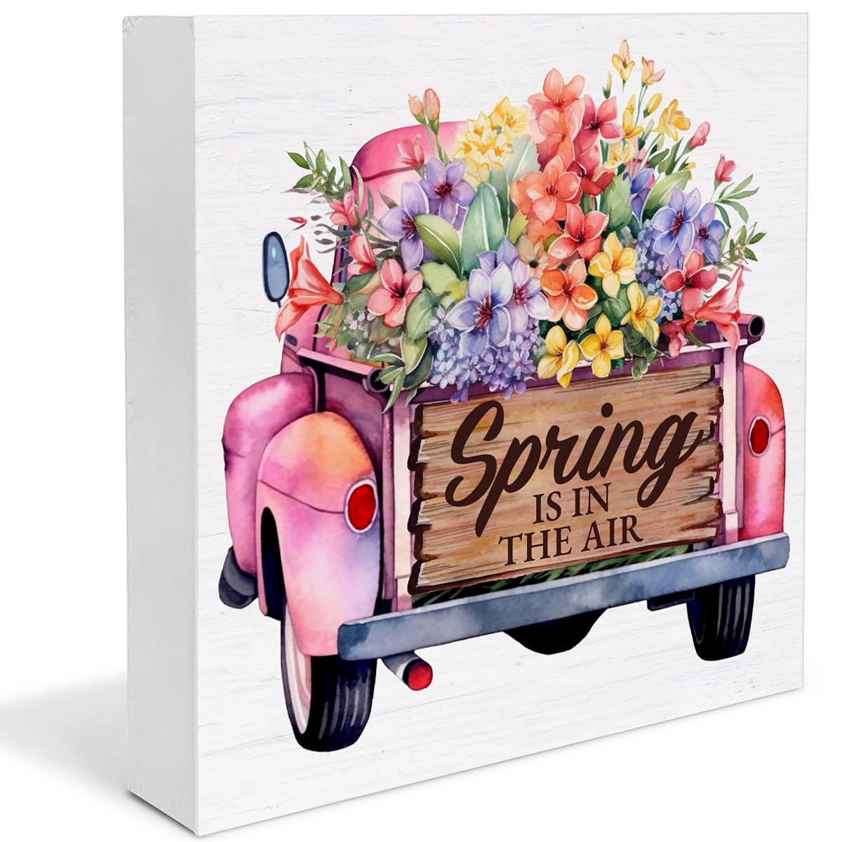 Spring Decor Spring Is in the Air Wooden Sign, Farmhouse Home Decorations Wood Plaque Block Sign Rustic Desk Decor 5 x 5 Inches