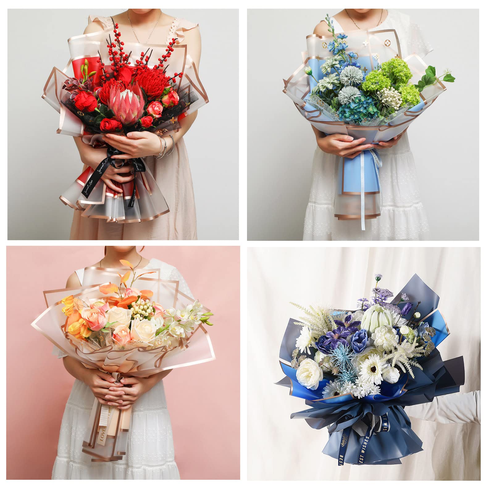 100 Sheets Flower Wrapping Paper with Pure Color Flower Bouquet Wrapping Paper for Waterproof DIY Crafts Packaging, 22.8x22.8 inch (10 Colors) with 3 Ribbons