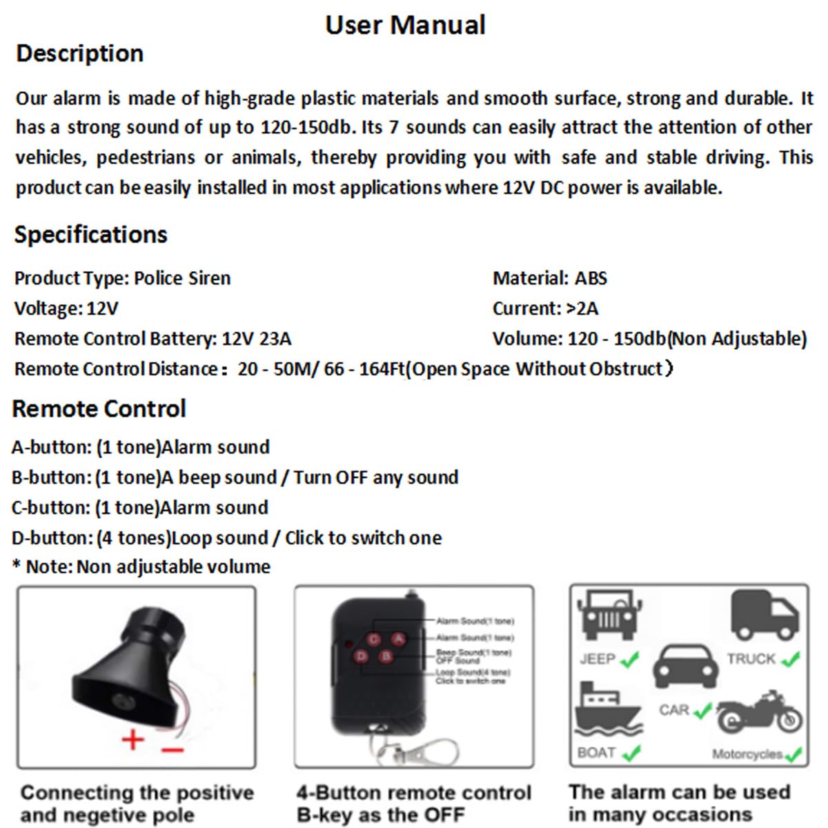 7 Tone Sound Loud Car Siren Vehicle Horn Hooter/Ambulance/Siren/Traffic Sound with Black Remote Controller 12V 100W (2PCS Remote Controller)