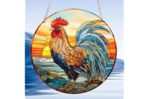 WOHAHA Rooster Sunrise Stained Window Hanging Indoor Outdoor Stained Suncatchers for Window Acrylic Panels Kitchen Bedroom Garden Wall Art Decoration Gifts for Women Mom Grandma Teacher