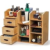 Coloch Bamboo Makeup Organizer with Drawers, Large Cosmetics Storage Shelf for Vanity Countertop Skincare Organizer for Desktop, Skincare, Beauty Supplies, Cosmetics Display, Stationery Storage