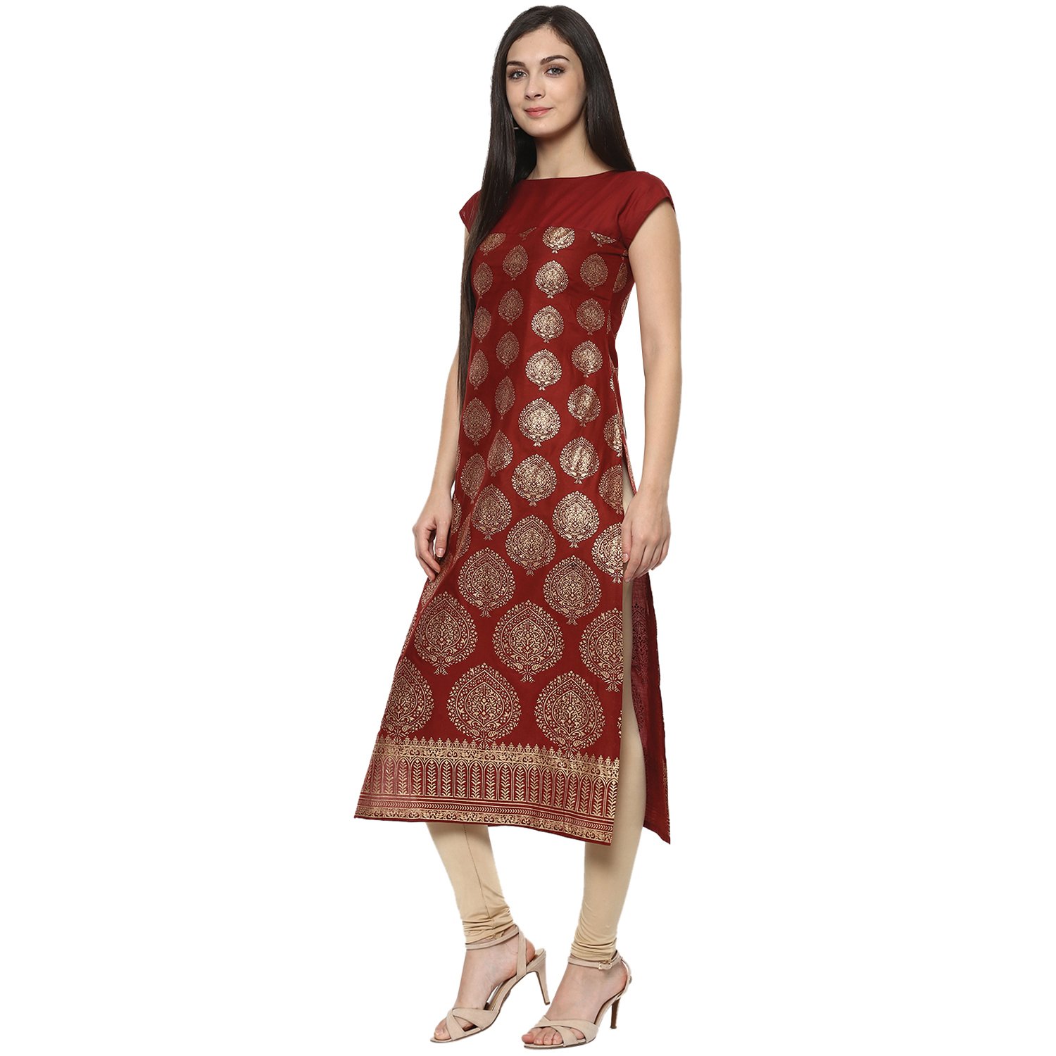 ives straight maroon cotton printed printed casual kurti for women