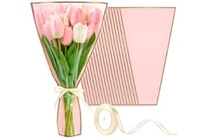 Mauproy 50 Pack Pink Flower Bags for Bouquets, 17.8 x 11.2 Inches Plastic Flower Sleeves Clear Front Floral Wraps with Ribbons for Valentine's Day Florist Packaging Supplies